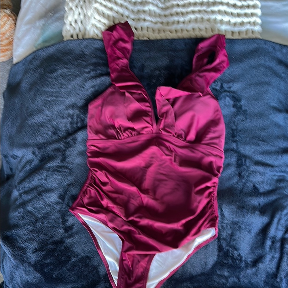 Red One-Piece Swimsuit with Adjustable Straps and Ruching